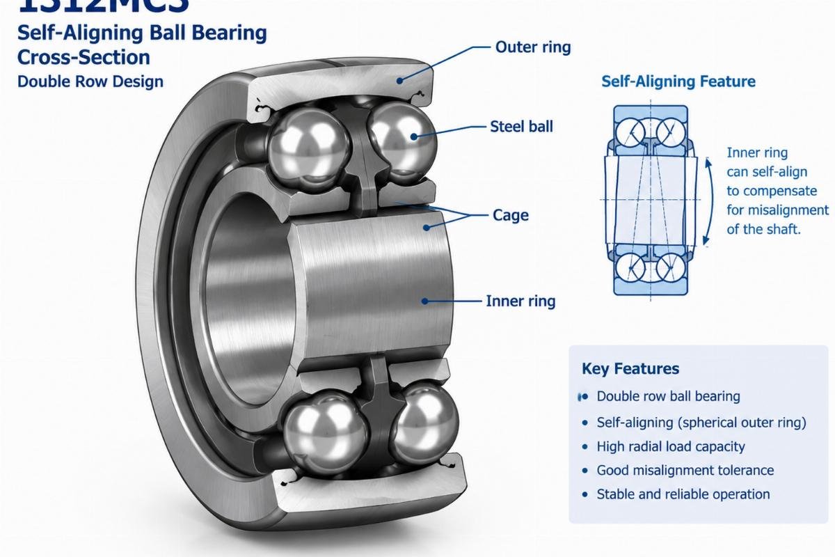 1312mc3 self-aligning ball bearing cross-section showing double row design