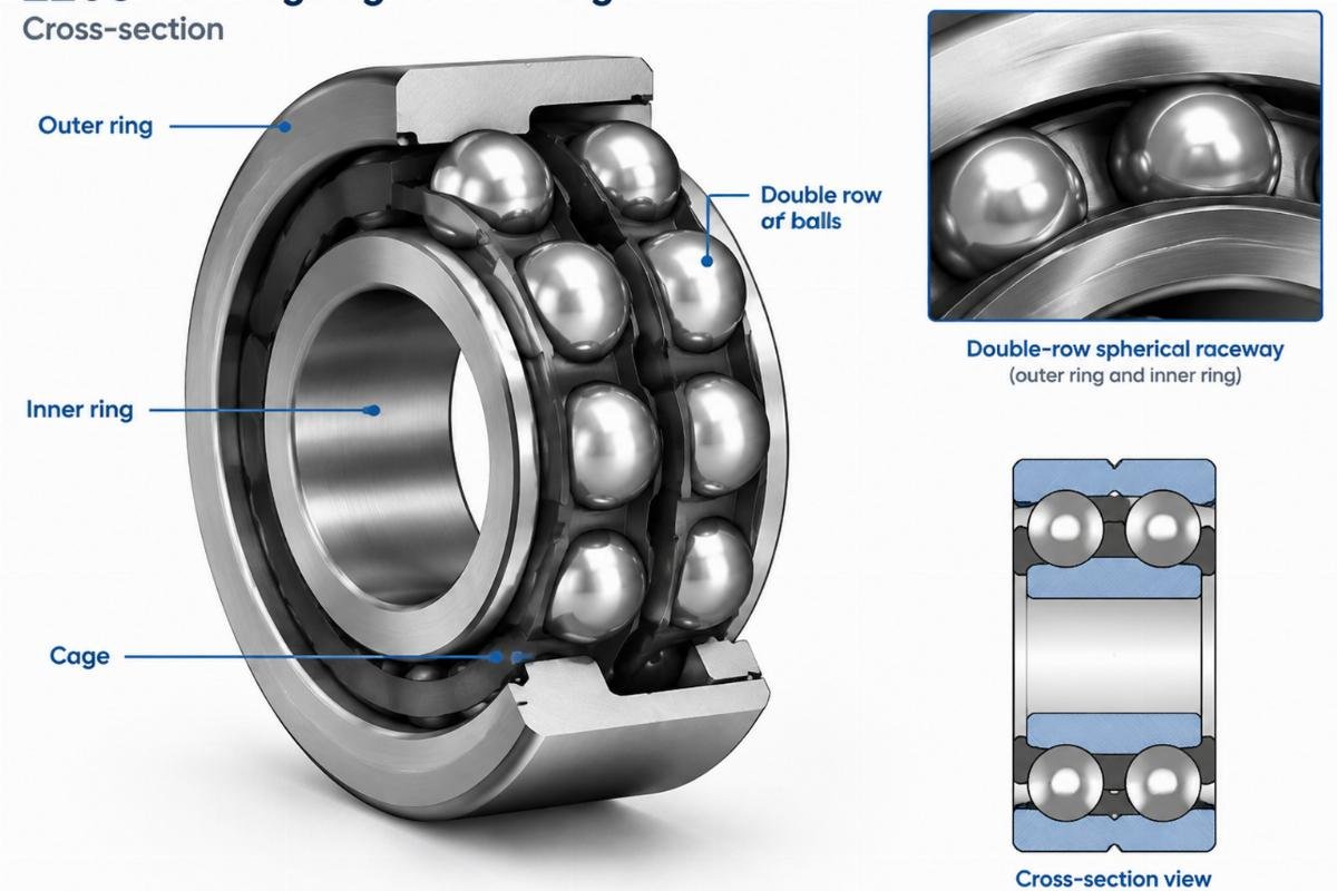 2203 self-aligning ball bearing cross-section showing double-row spherical raceway