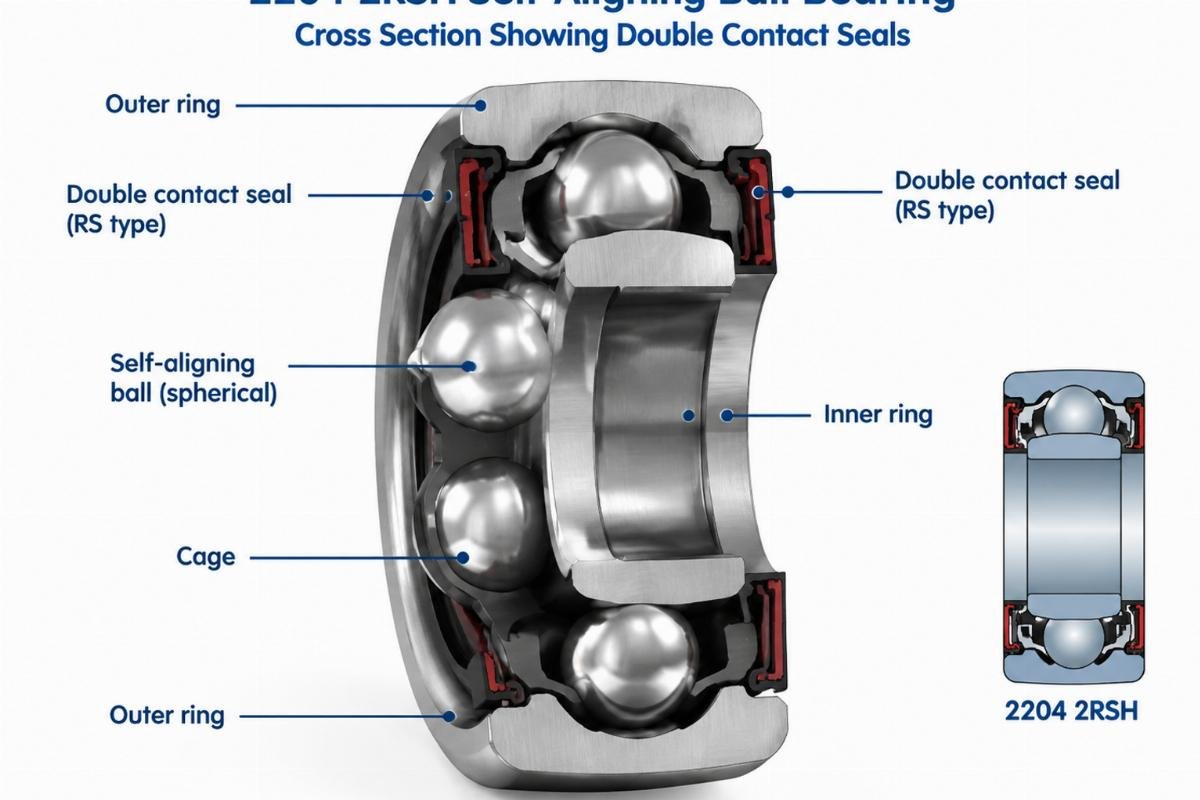 2204 2rsh self-aligning ball bearing cross section showing double contact seals
