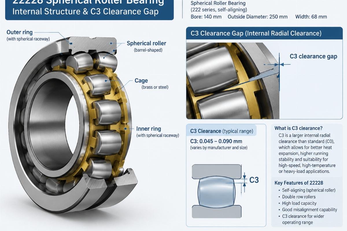 22228 spherical roller bearing internal structure and C3 clearance gap