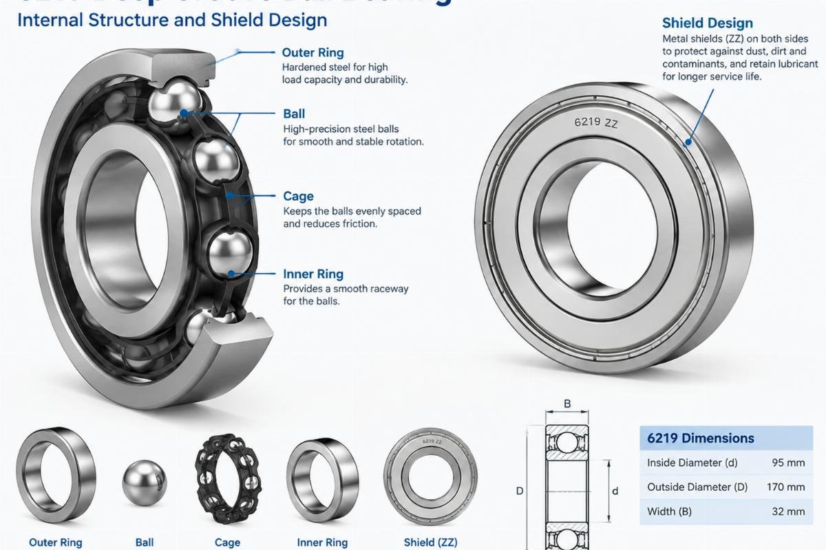 6219 deep groove ball bearing internal structure and shield design