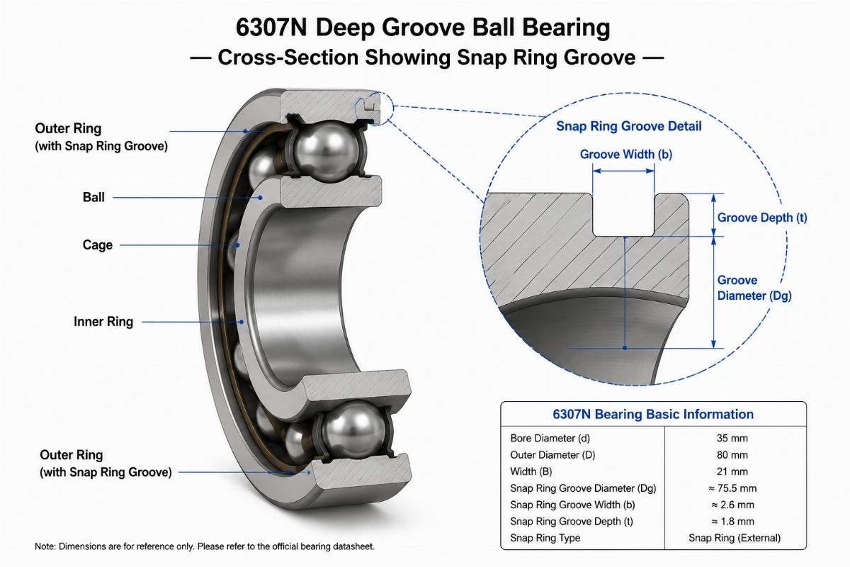 6307n deep groove ball bearing cross-section showing snap ring groove