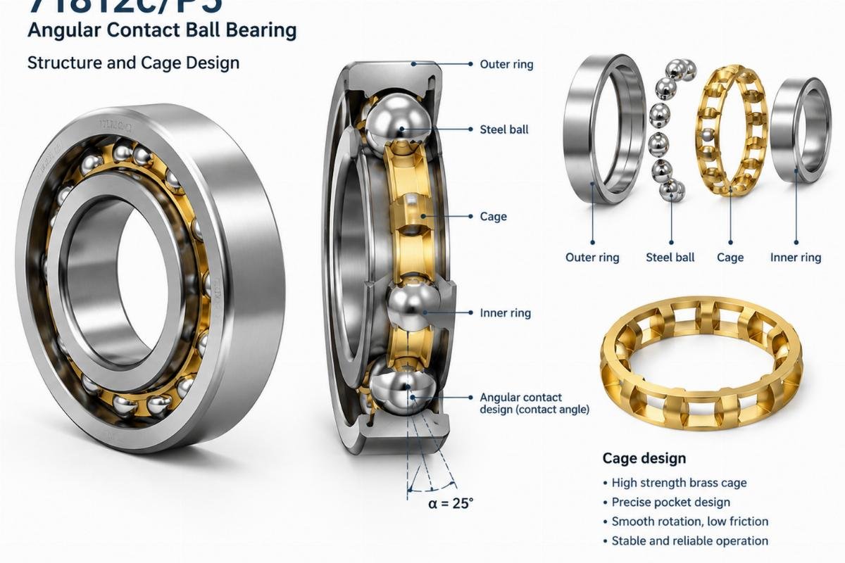 71812c/P5 angular contact ball bearing structure and cage design