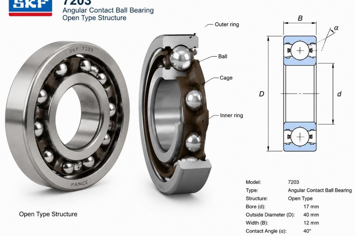 7203 SKF angular contact ball bearing open type structure