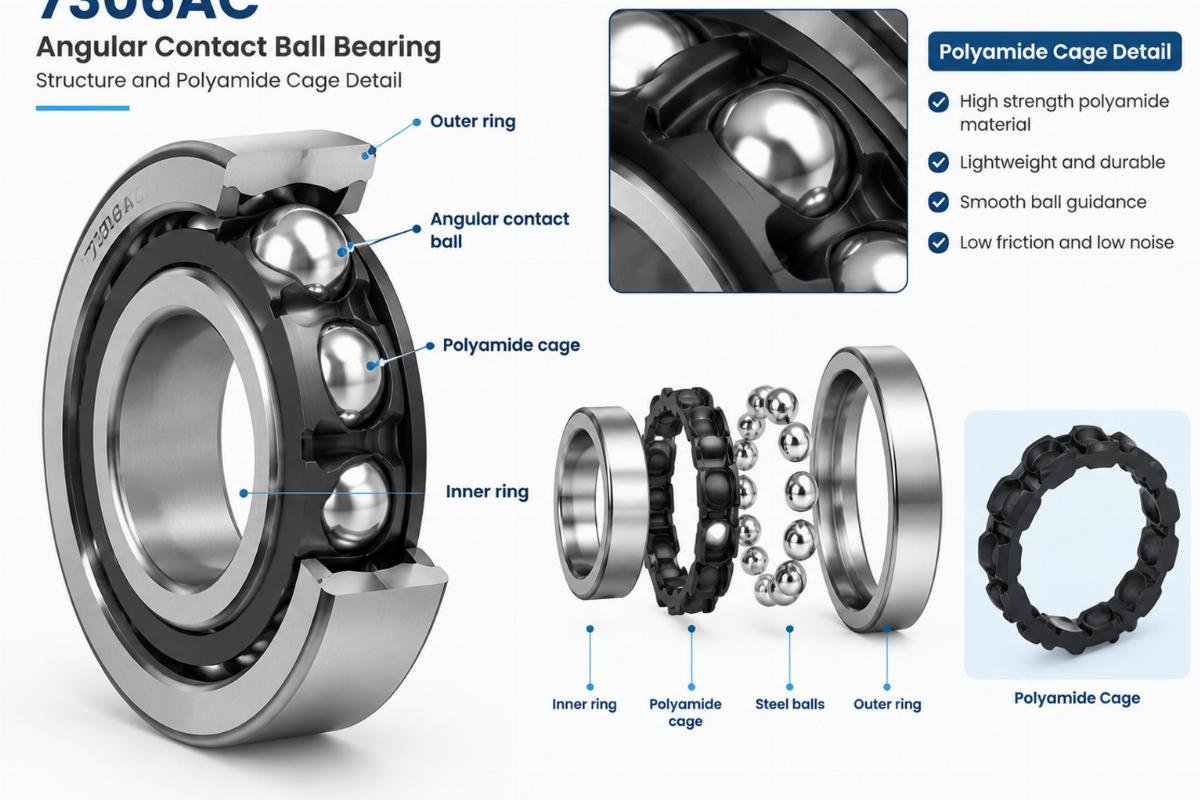 7306AC angular contact ball bearing structure and polyamide cage detail