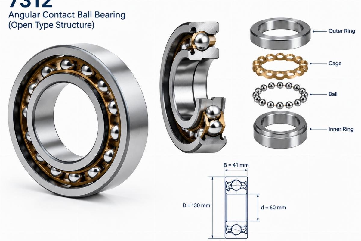 7312 angular contact ball bearing open type structure