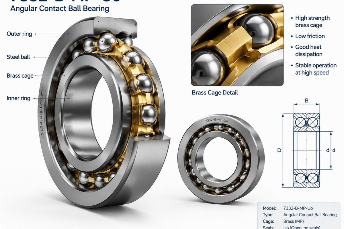 7332-B-MP-Uo angular contact ball bearing structure and brass cage detail
