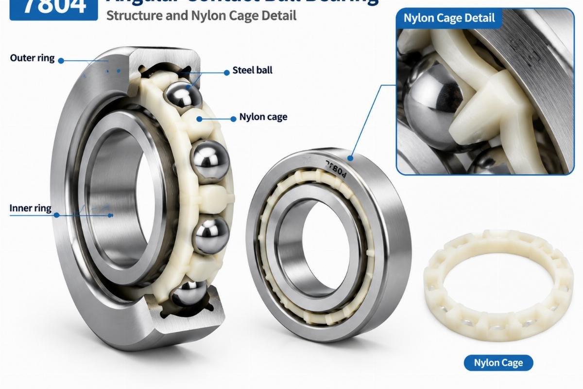 7804 angular contact ball bearing structure and nylon cage detail