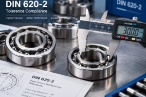 A close-up view of precision deep-groove ball bearings with calipers measuring internal dimensions, highlighting the importance of DIN 620-2 tolerance compliance