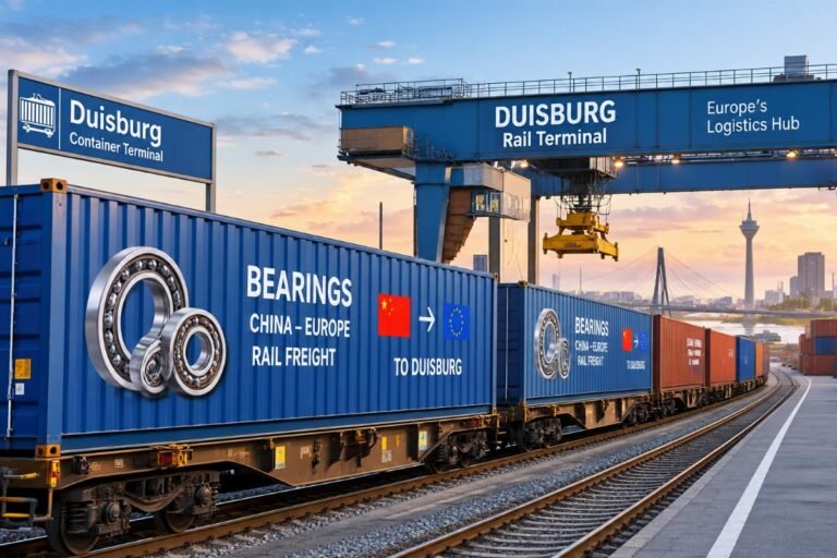 A freight train carrying sealed containers of industrial bearings arrives at the Duisburg rail terminal, highlighting the efficiency of China-Europe rail freight to Duisburg for bearings