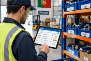 A warehouse worker checking bearing stock availability in Portugal with a digital inventory system