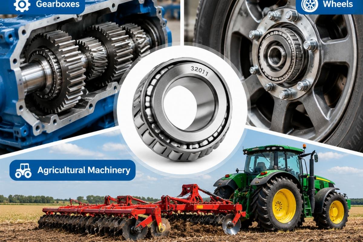 Application collage showing 32011 bearings in gearboxes, wheels, and agricultural machinery