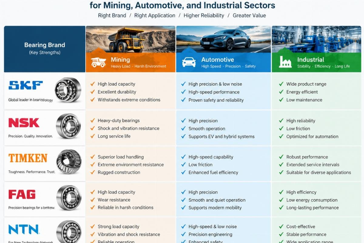Application matrix showing optimal bearing brand selection for mining, automotive, and industrial sectors