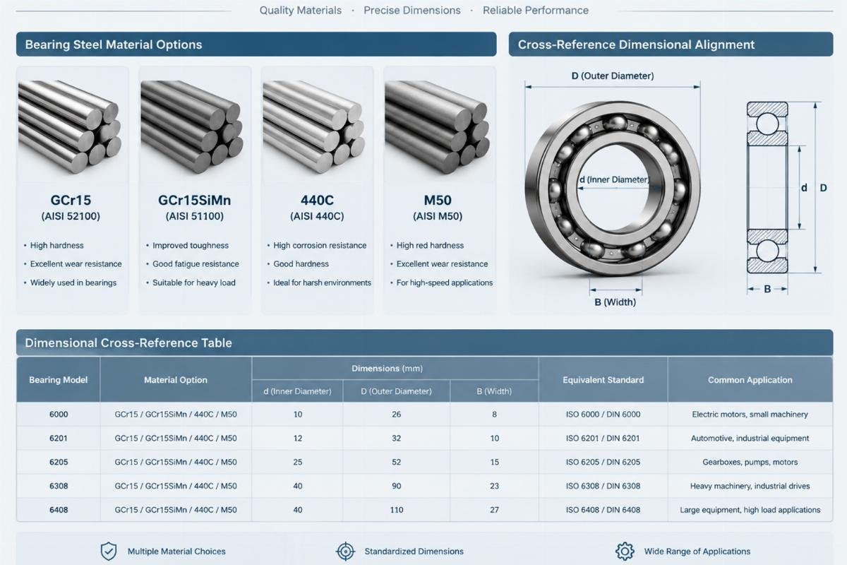 Bearing steel material options and cross-reference dimensional alignment