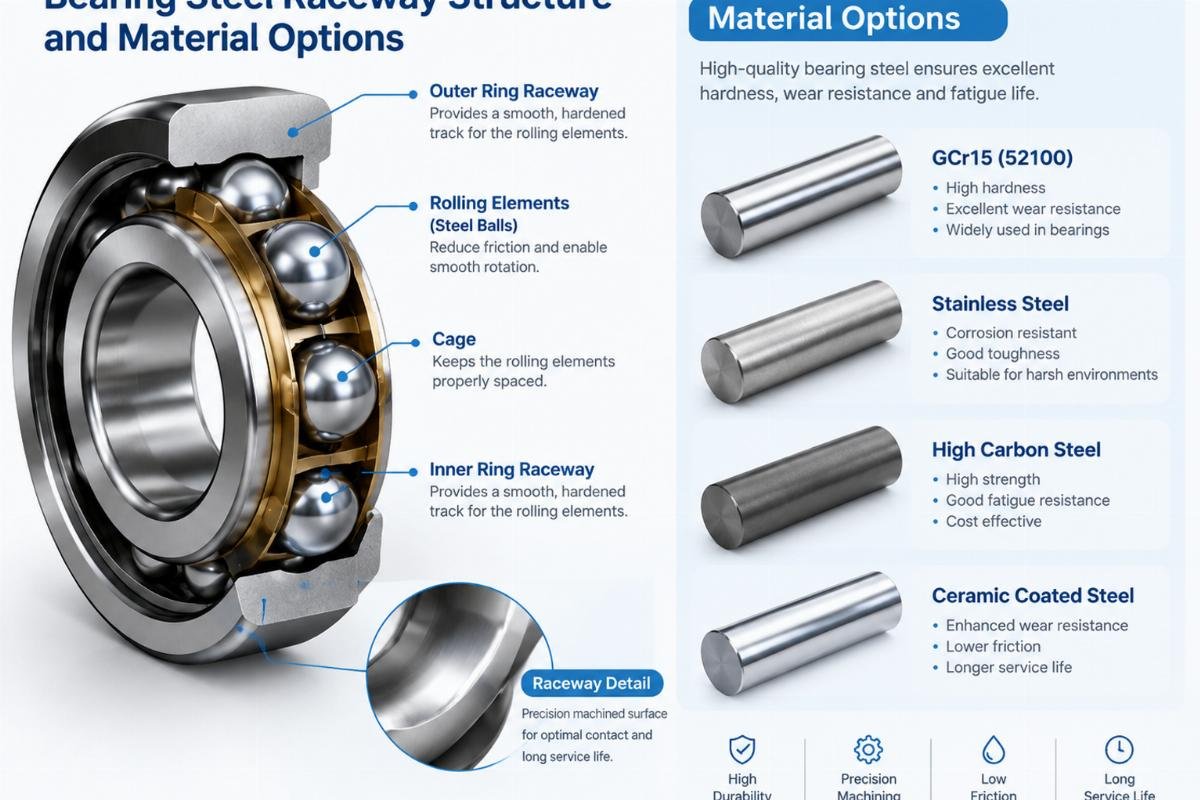 Bearing steel raceway structure and material options