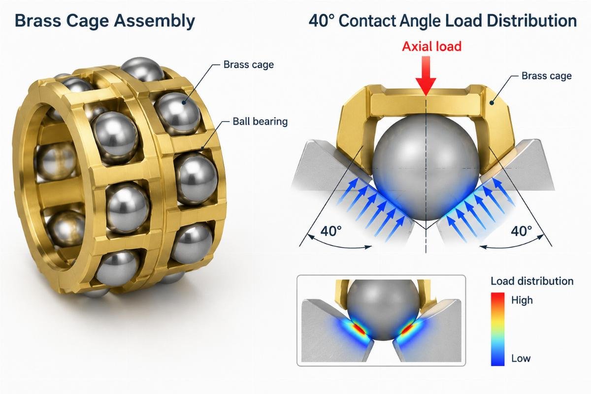 Brass cage assembly and 40-degree contact angle load distribution diagram