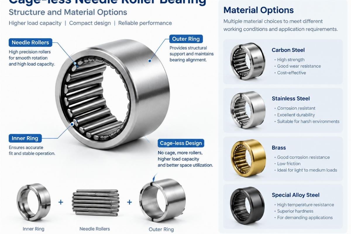 Cage-less needle roller bearing structure and material options