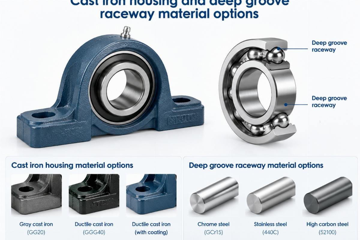 Cast iron housing and deep groove raceway material options
