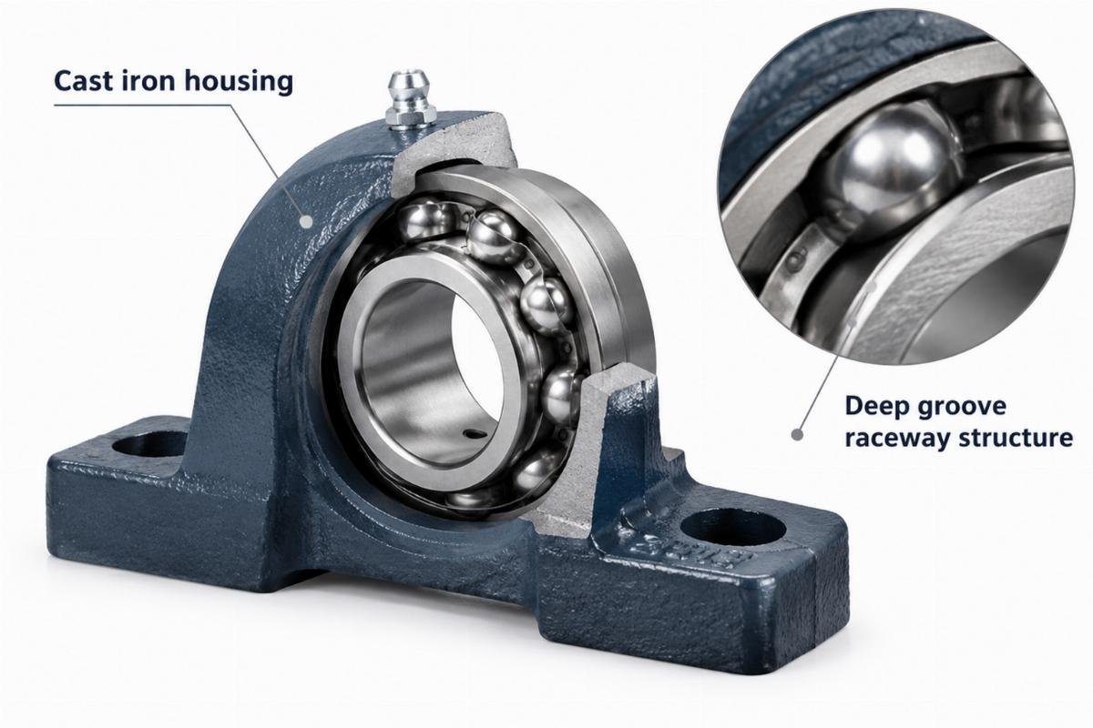 Cast iron housing and deep groove raceway structure