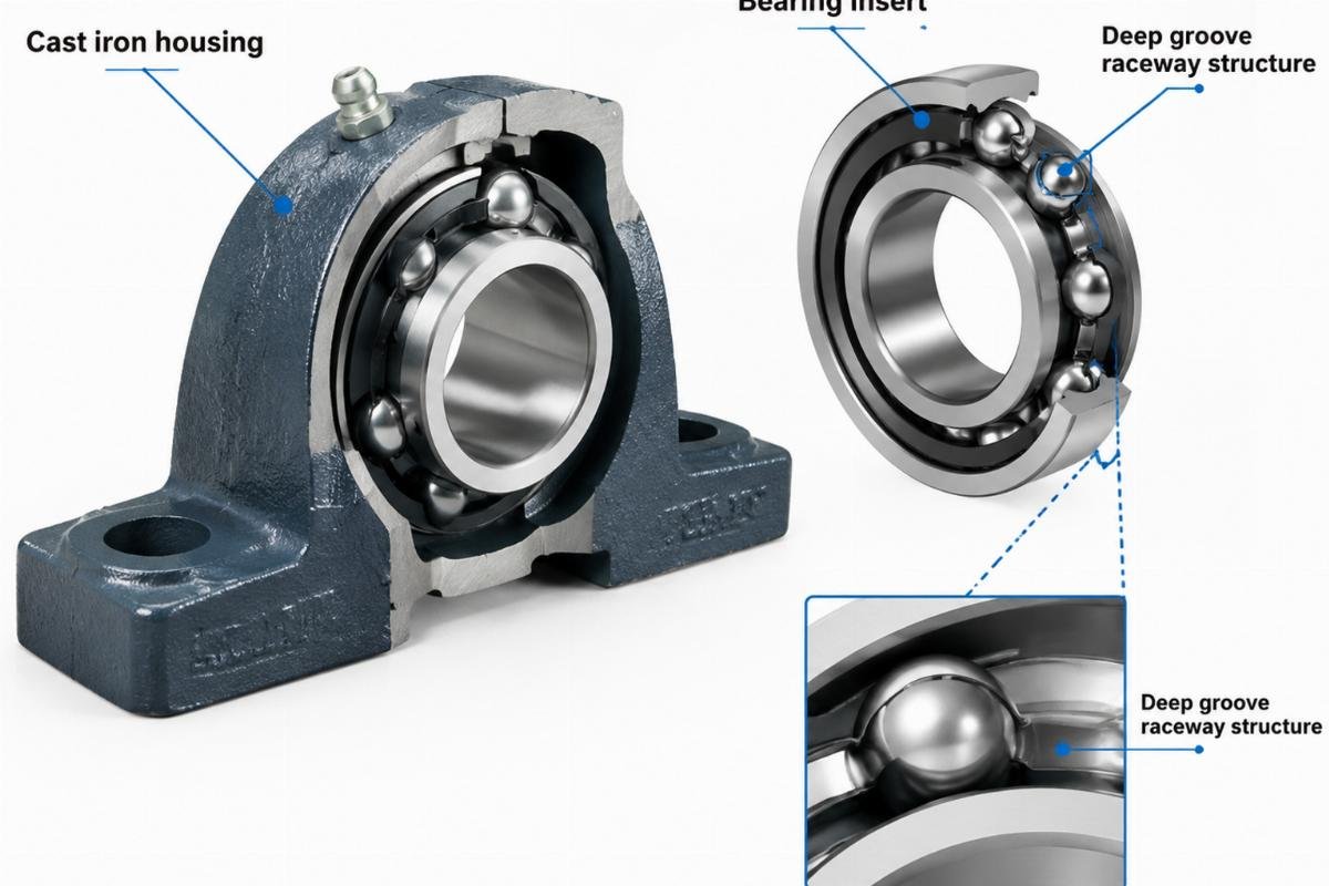 Cast iron housing and deep groove raceway structure of the bearing insert