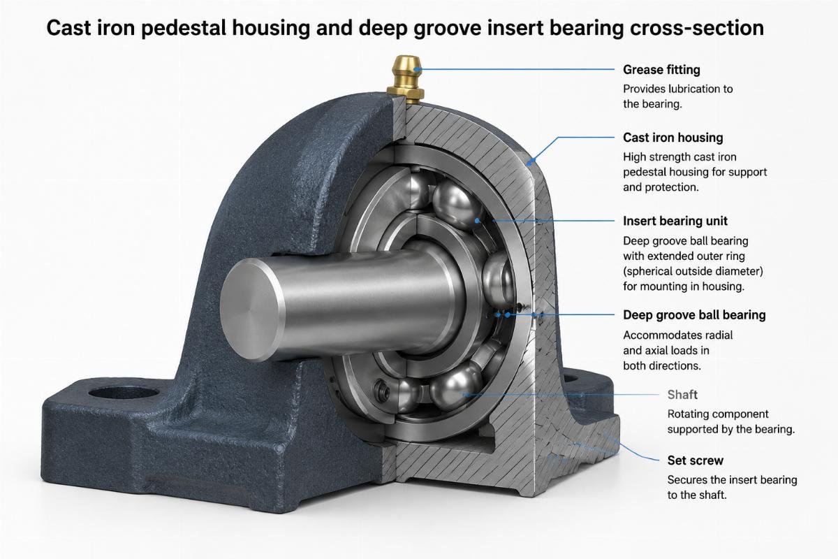 Cast iron pedestal housing and deep groove insert bearing cross-section