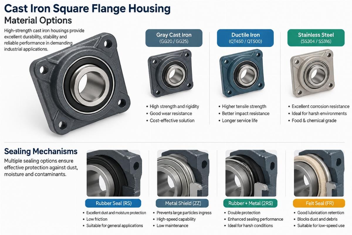 Cast iron square flange housing material options and sealing mechanisms