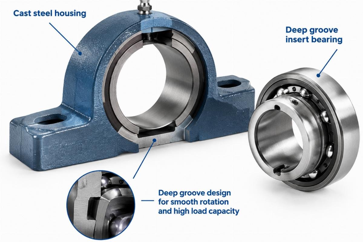 Cast steel housing and deep groove insert bearing structure