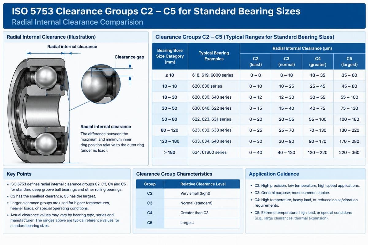 Chart comparing ISO 5753 clearance groups C2 through C5 for standard bearing sizes