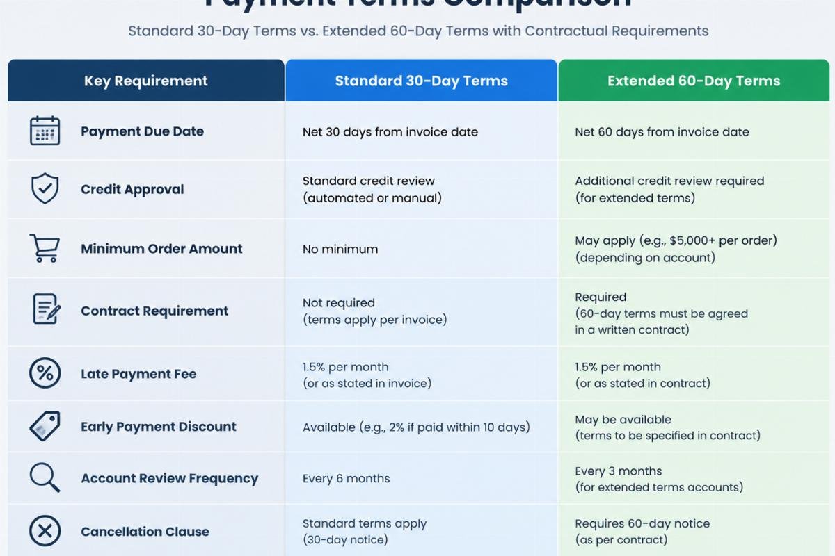 Chart comparing standard 30-day terms vs extended 60-day terms with contractual requirements
