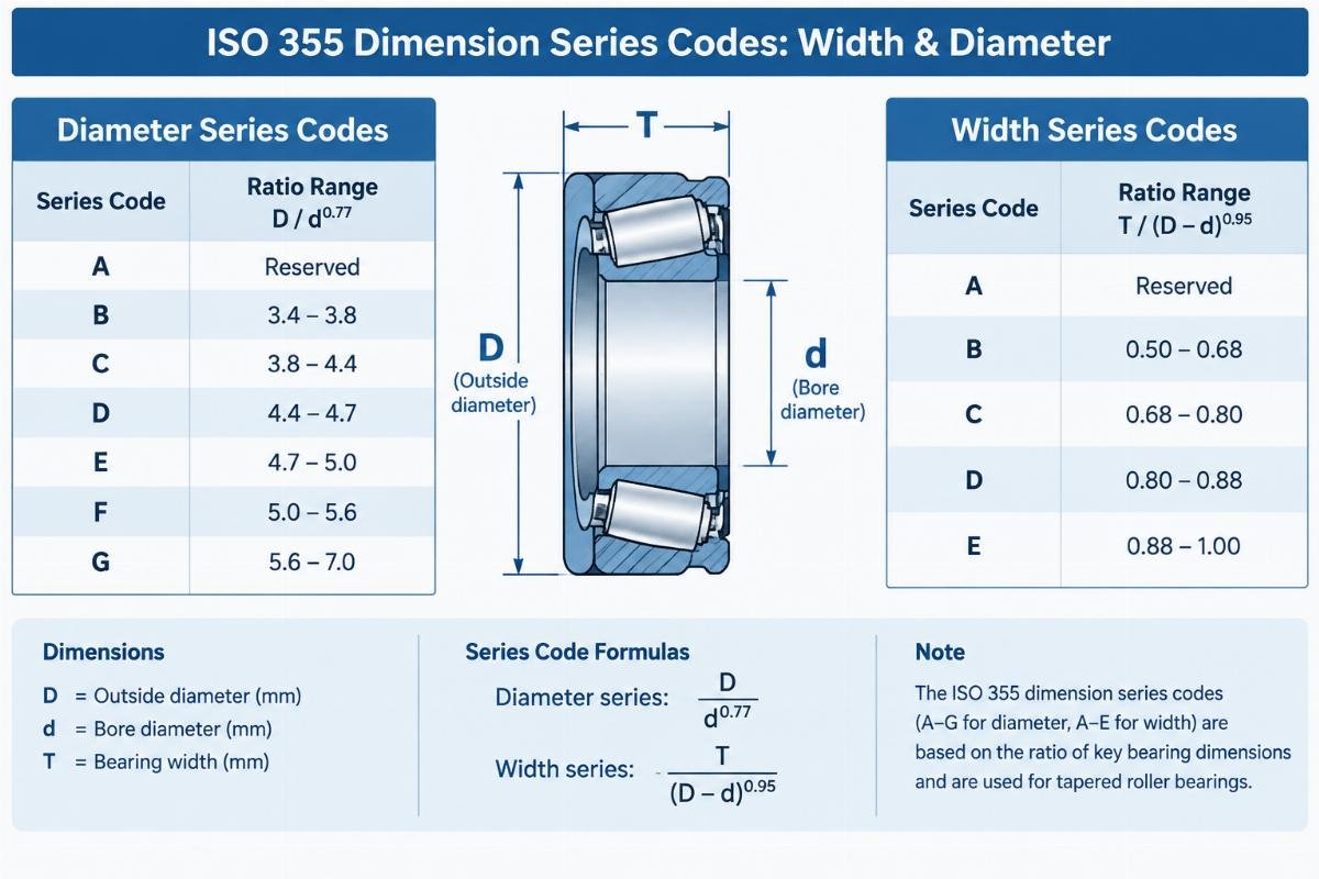 Chart illustrating the ISO 355 dimension series codes for width and diameter