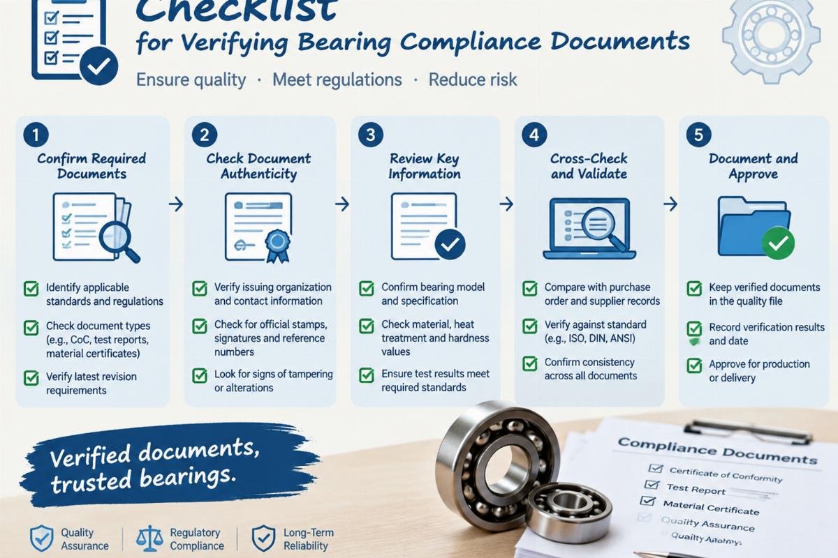 Checklist graphic showing steps for verifying bearing compliance documents