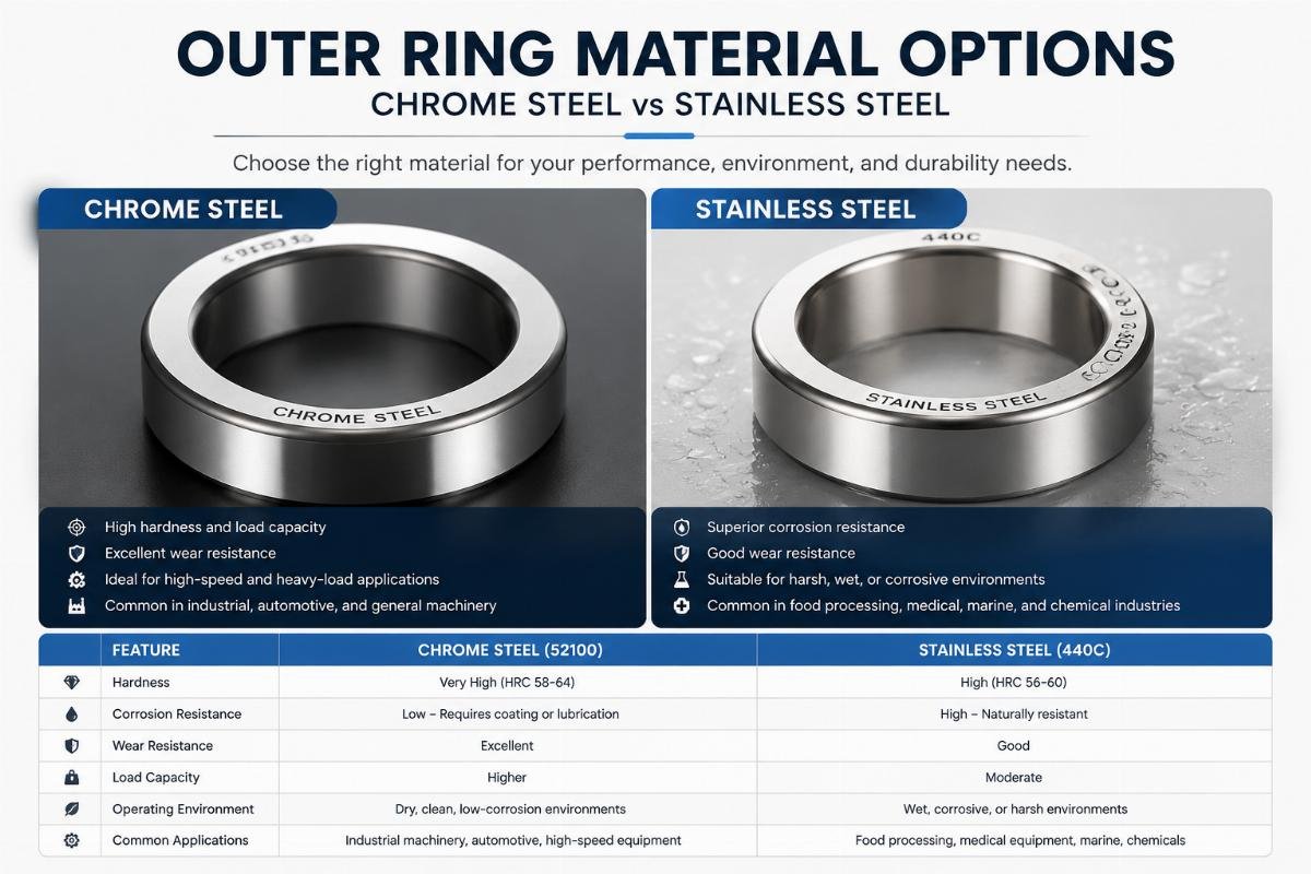 Chrome steel and stainless steel material options for outer rings