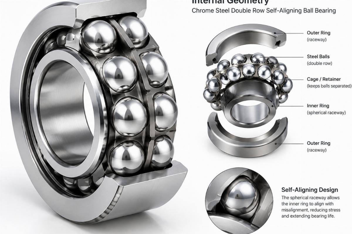 Chrome steel double row self-aligning ball bearing internal geometry
