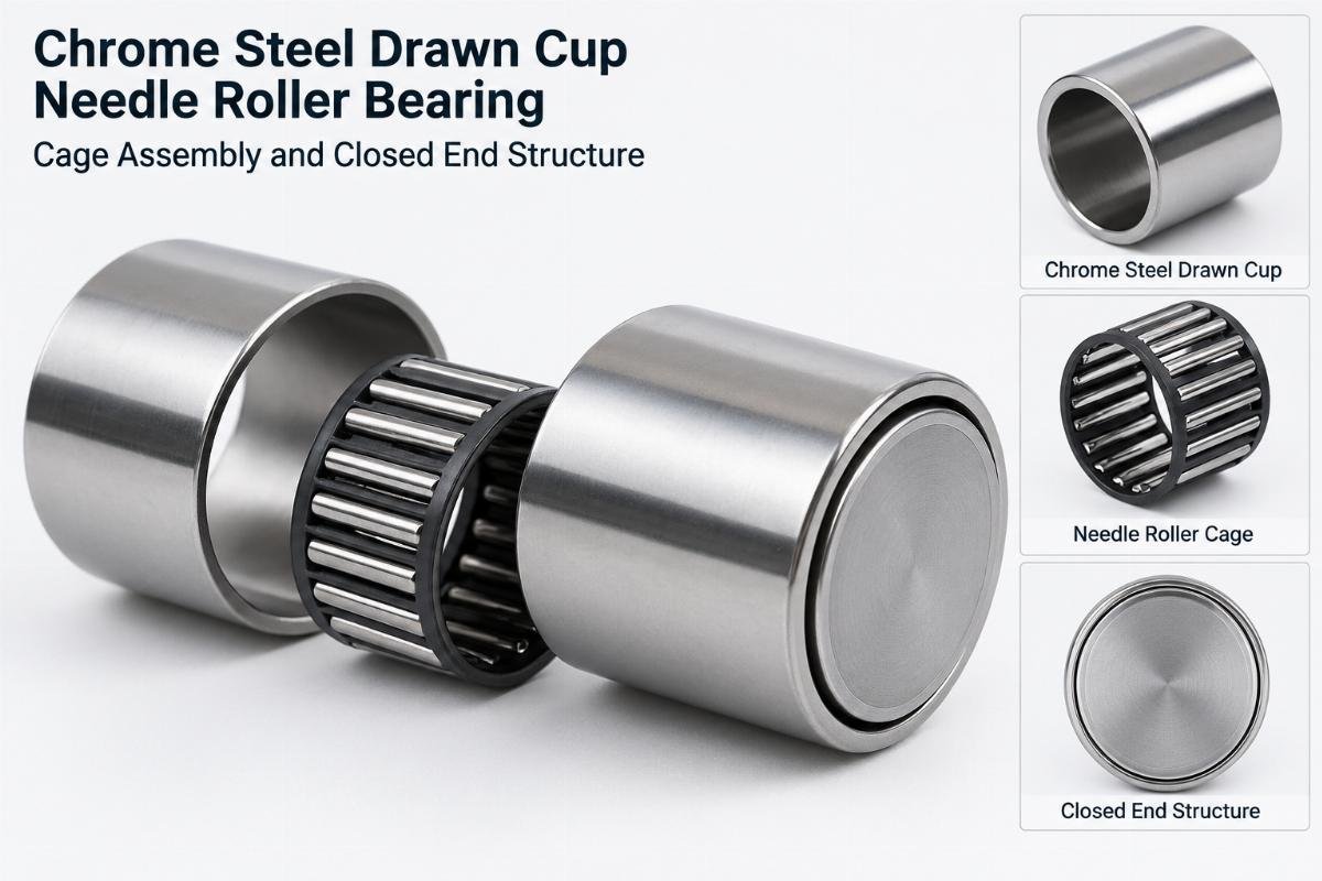 Chrome steel drawn cup needle roller bearing cage assembly and closed end structure