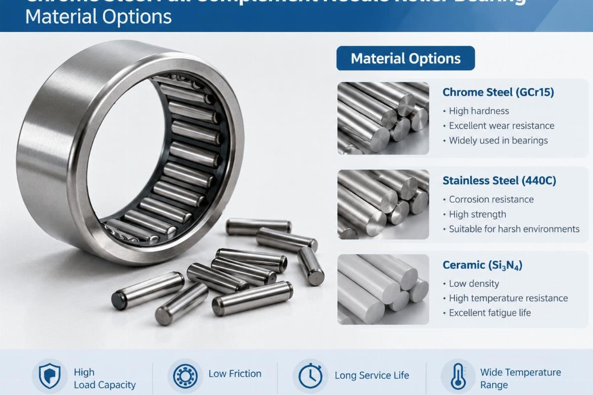 Chrome steel full complement needle roller bearing material options