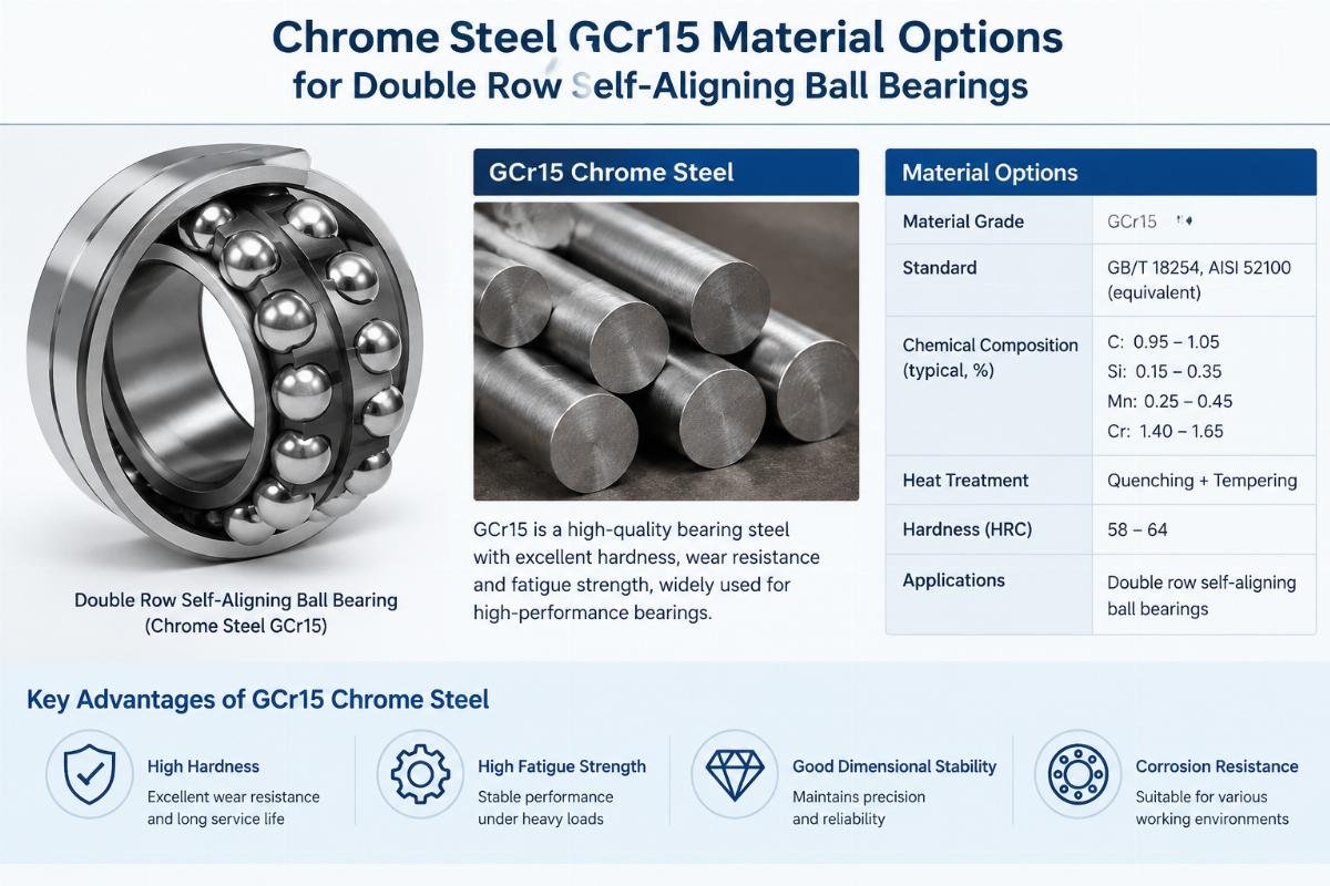 Chrome steel Gcr15 material options for double row self-aligning ball bearings