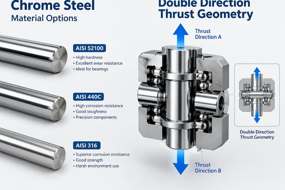 Chrome steel material options and double direction thrust geometry
