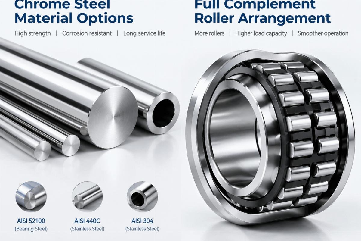 Chrome steel material options and full complement roller arrangement