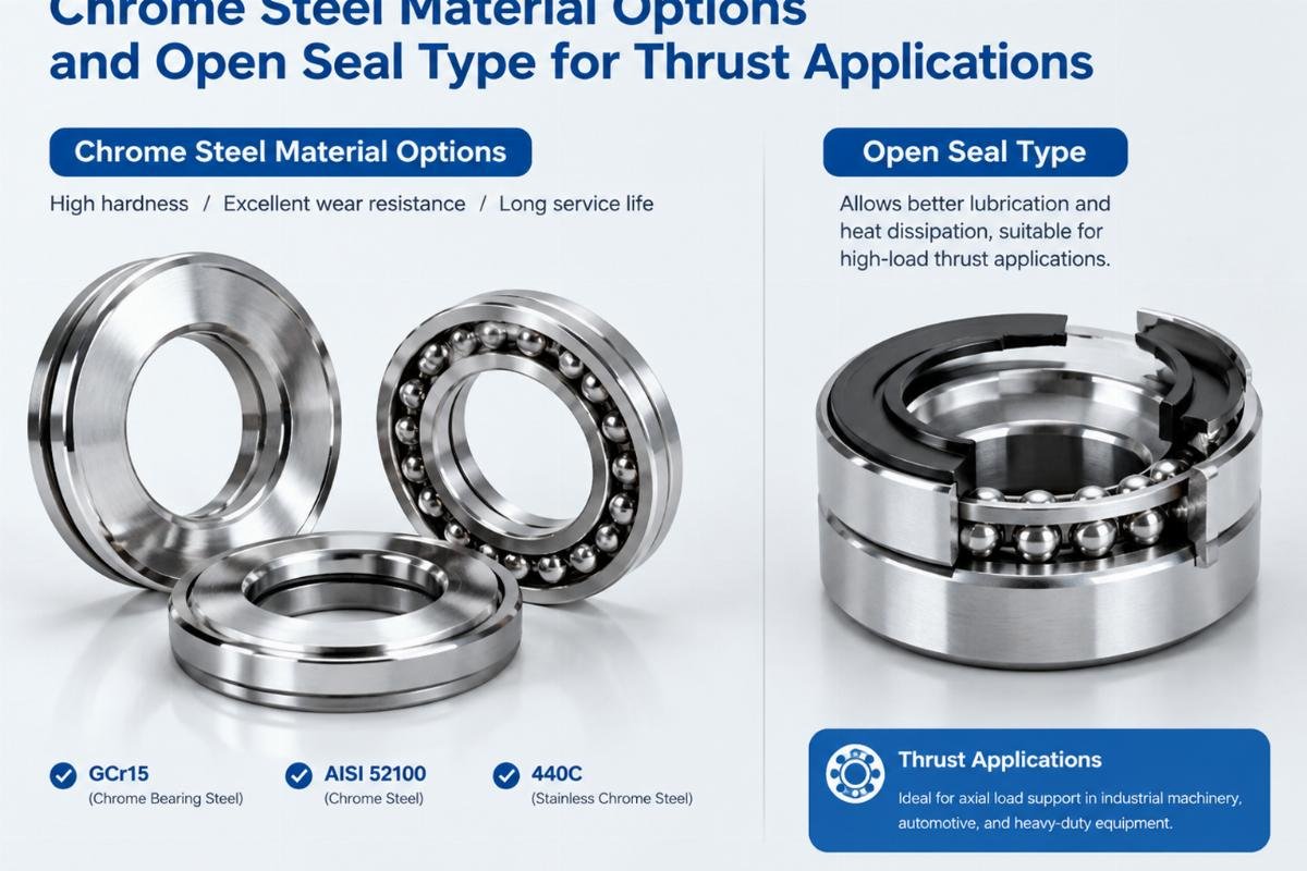 Chrome steel material options and open seal type for thrust applications