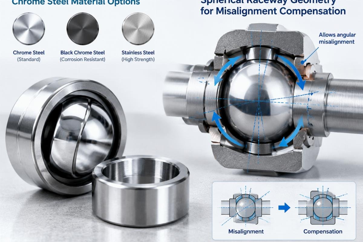 Chrome steel material options and spherical raceway geometry for misalignment compensation