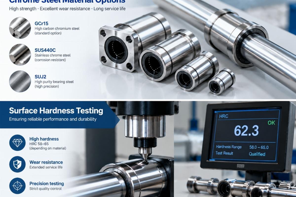 Chrome steel material options and surface hardness testing for linear bearings