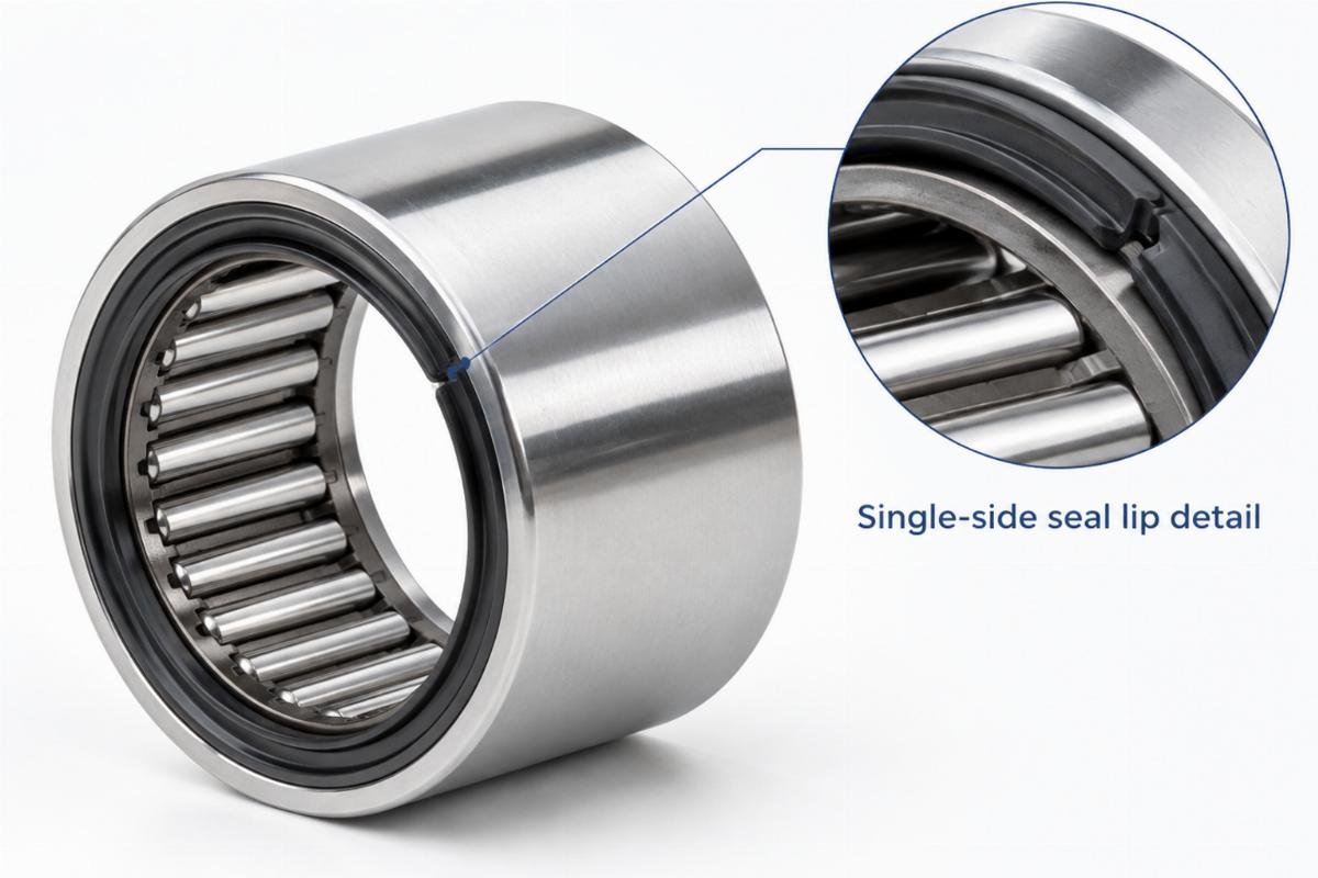Chrome steel needle roller assembly with single-side seal lip detail