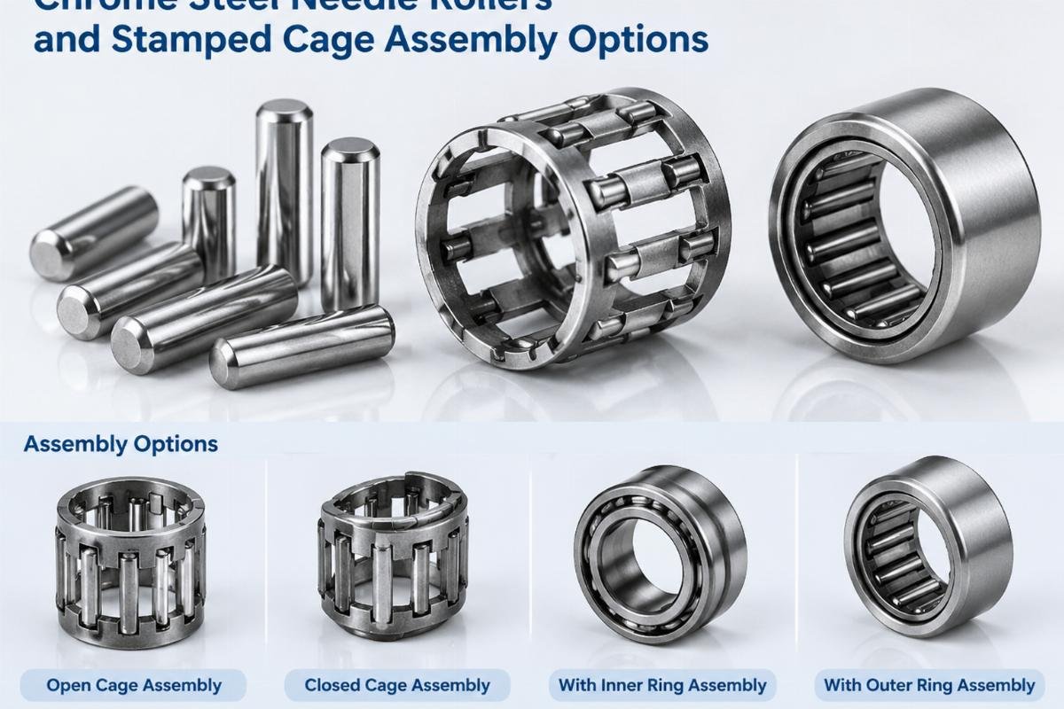 Chrome steel needle rollers and stamped cage assembly options
