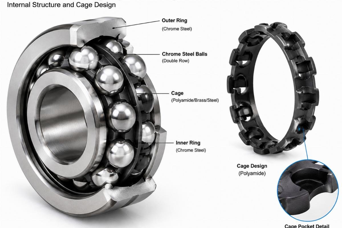 Chrome steel self-aligning ball bearing internal structure and cage design