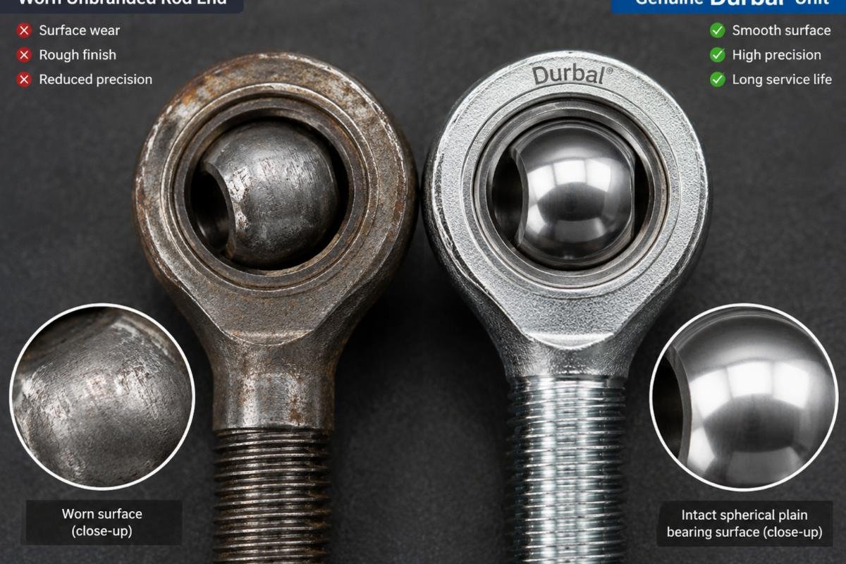 Close-up comparison of a worn unbranded rod end versus a genuine Durbal unit showing intact spherical plain bearing surface