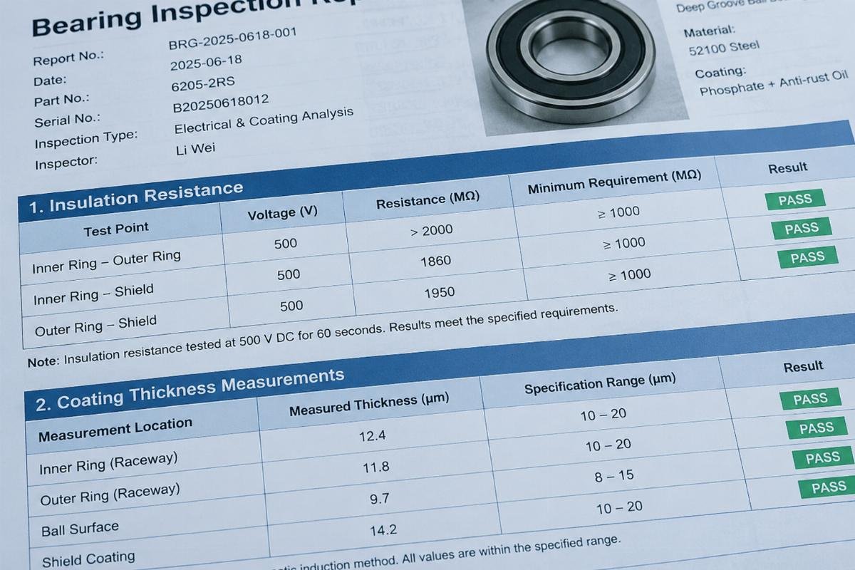 Close-up image of a bearing inspection report highlighting insulation resistance values and coating thickness measurements