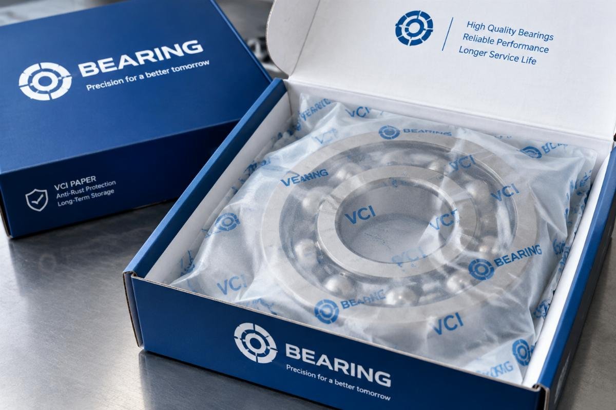 Close-up image of a bearing wrapped in VCI paper inside a branded box, highlighting the clean and professional presentation expected by German buyers