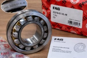 Close-up inspection of a genuine FAG spherical roller bearing showing clear laser-etched markings and packaging details