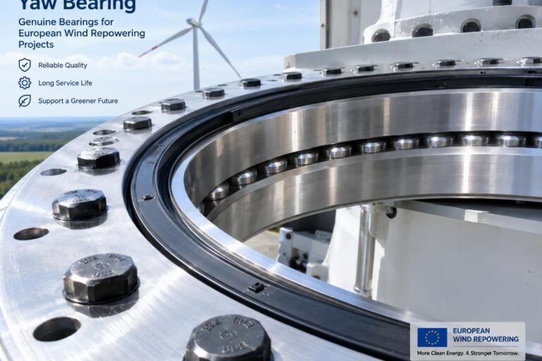 Close-up inspection of a large diameter yaw bearing showing clean raceways and intact sealing, representing genuine bearings for European wind repowering projects