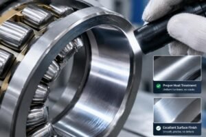 Close-up inspection of a spherical roller bearing raceway showing proper heat treatment and surface finish